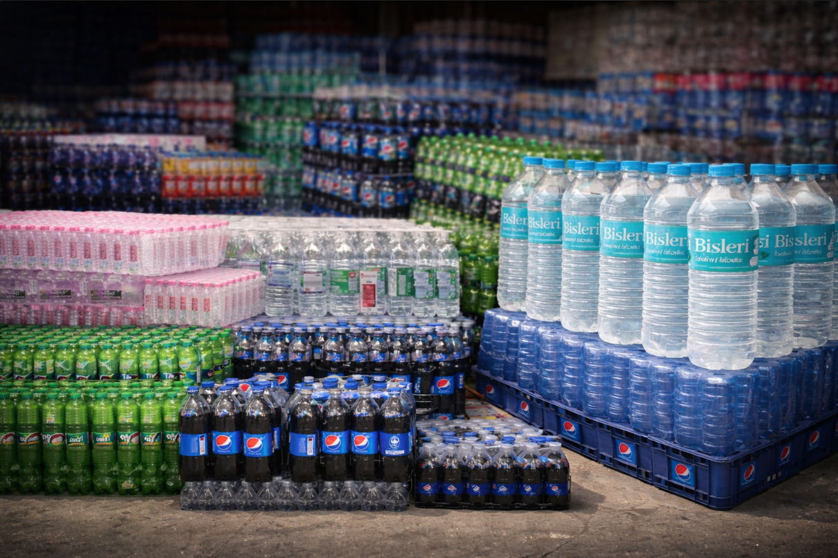 Warehouse with water bottles and cold drinks